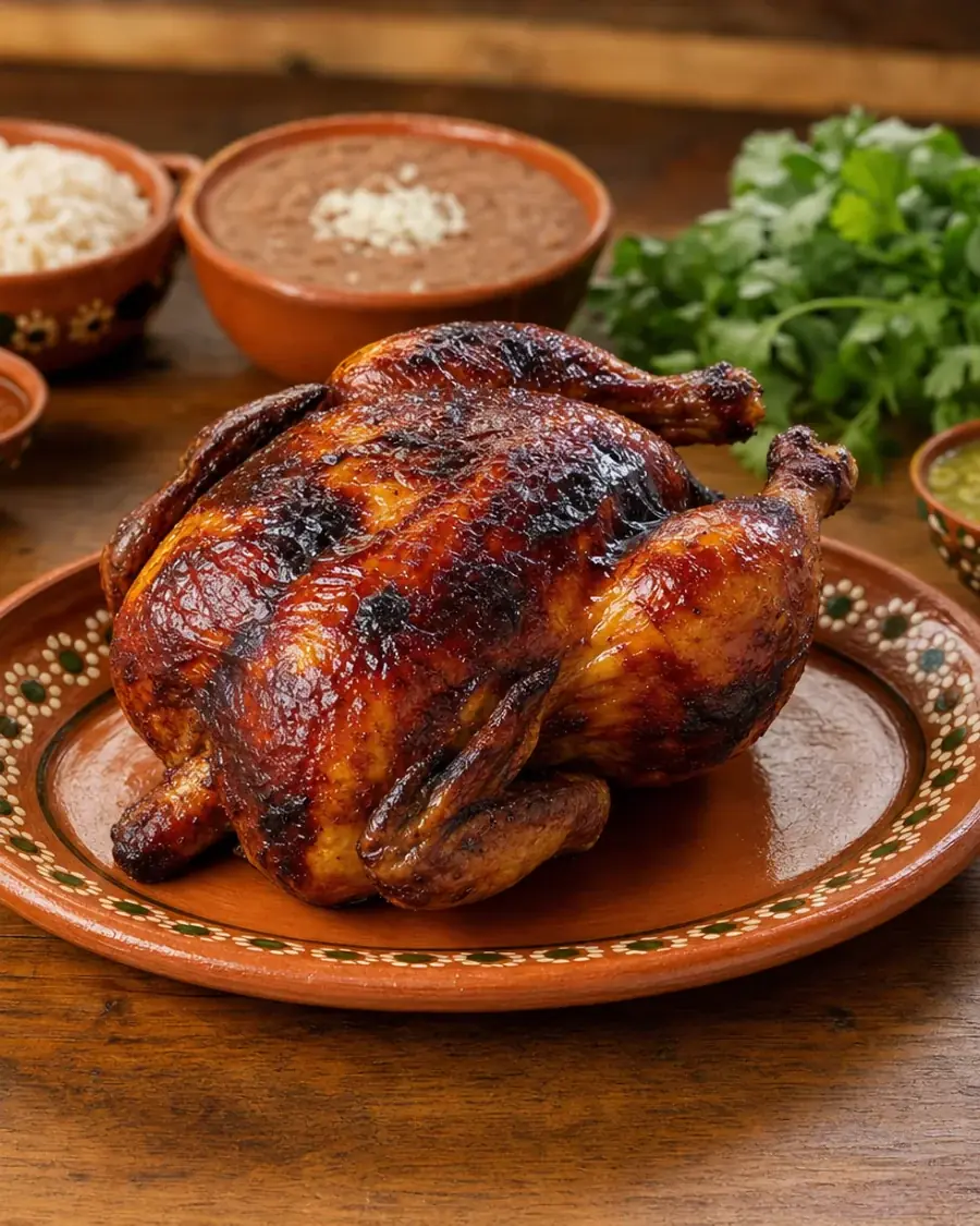 Pollo entero rostizado con la piel caramelizada, servido en plato de talavera con arroz, frijoles, salsas y tortillas