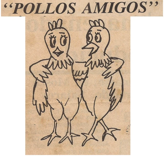 Logo de 1983 a 1990: recorte de periódico en papel envejecido con dos pollos dibujados a línea, parados uno junto al otro, y el nombre Pollos Amigos entre comillas en la parte de arriba.