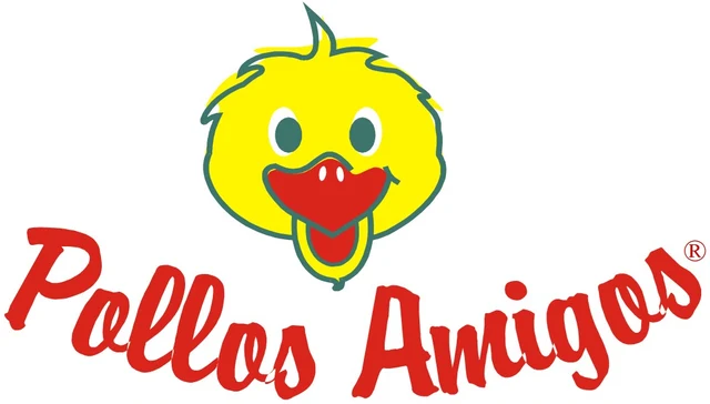 Logo de 1998 a 2004: cabeza de un pollito amarillo con el pico rojo abierto y, debajo, el nombre Pollos Amigos en letra manuscrita roja.