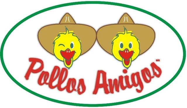 Logo de 2005 a 2012: óvalo de contorno verde con dos pollitos de sombrero, uno de ellos guiñando el ojo, y el nombre Pollos Amigos en letra manuscrita roja cruzando la parte baja.
