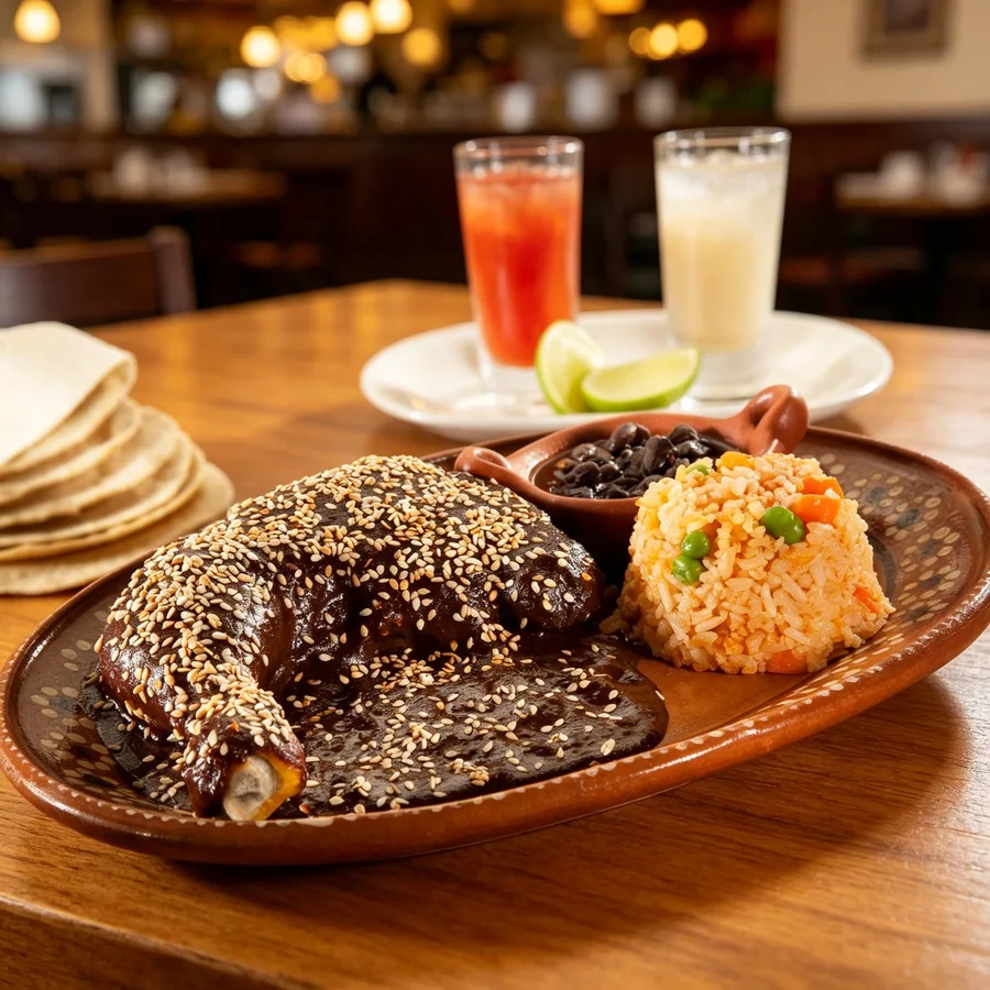 Mesa servida en Pollos Amigos: pollo en mole con ajonjolí, arroz, frijoles, tortillas y aguas frescas