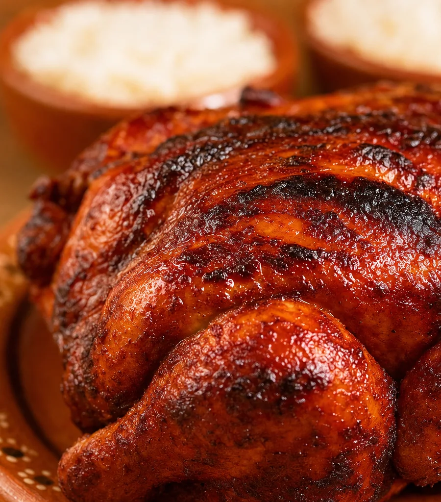 Pollo rostizado de Pollos Amigos, con la piel caramelizada, en plato de barro